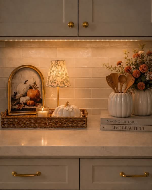 Seasonal kitchen counter decor kept simple and edited