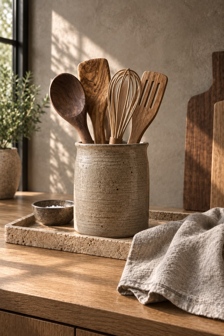 Stoneware utensil holder styled in a Japandi kitchen