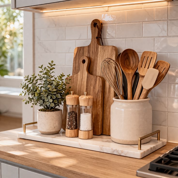 Wooden cutting board leaning on a styled kitchen counter