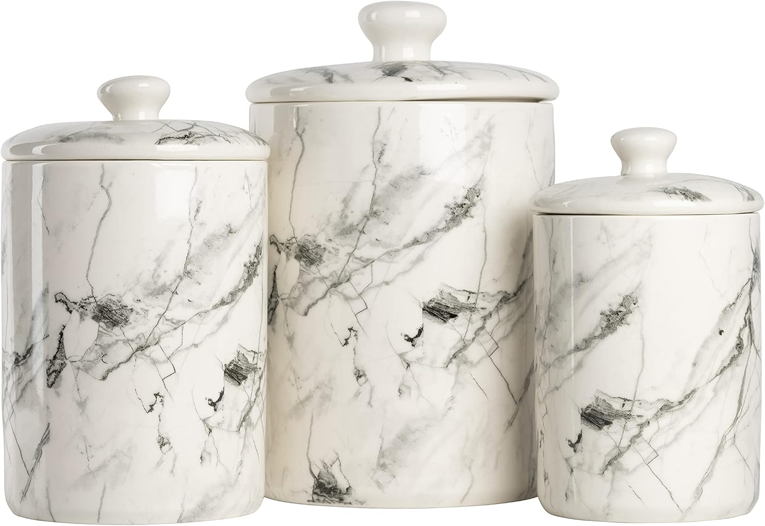 10 Strawberry Street Marble Ceramic Kitchen Canister Set, 3 Pcs, White and Black