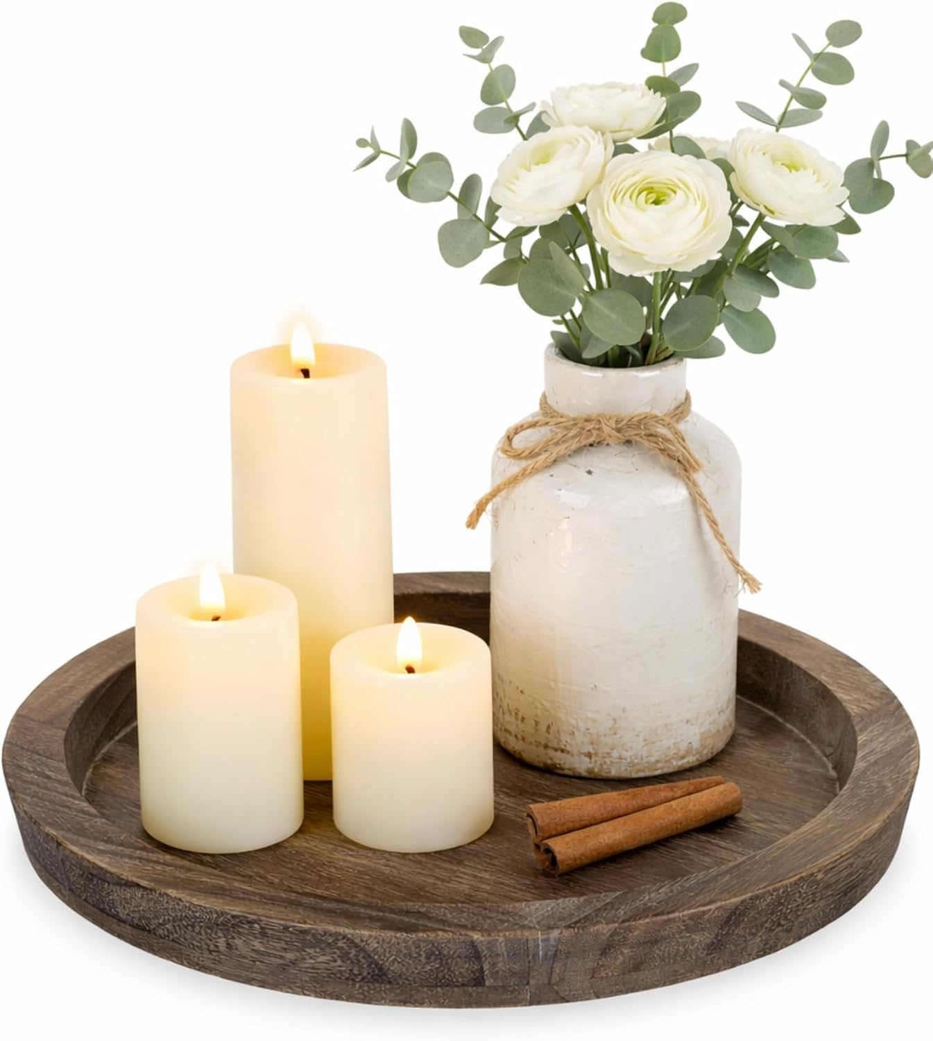 Hanobe Round Wooden Candle Holder Tray for Coffee Table, Distressed Finish