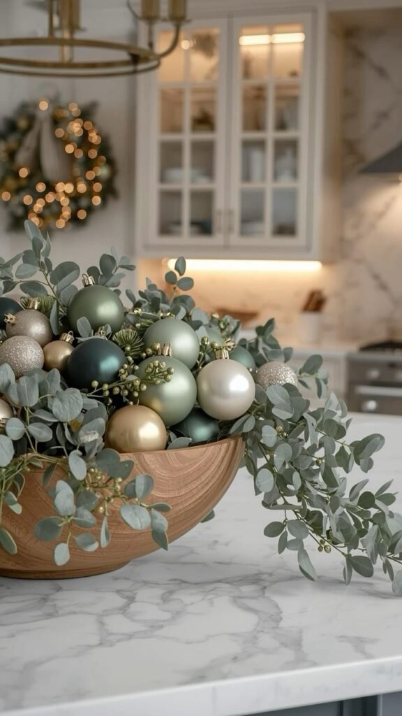 Statement bowl filled with curated decorative objects on a kitchen island
