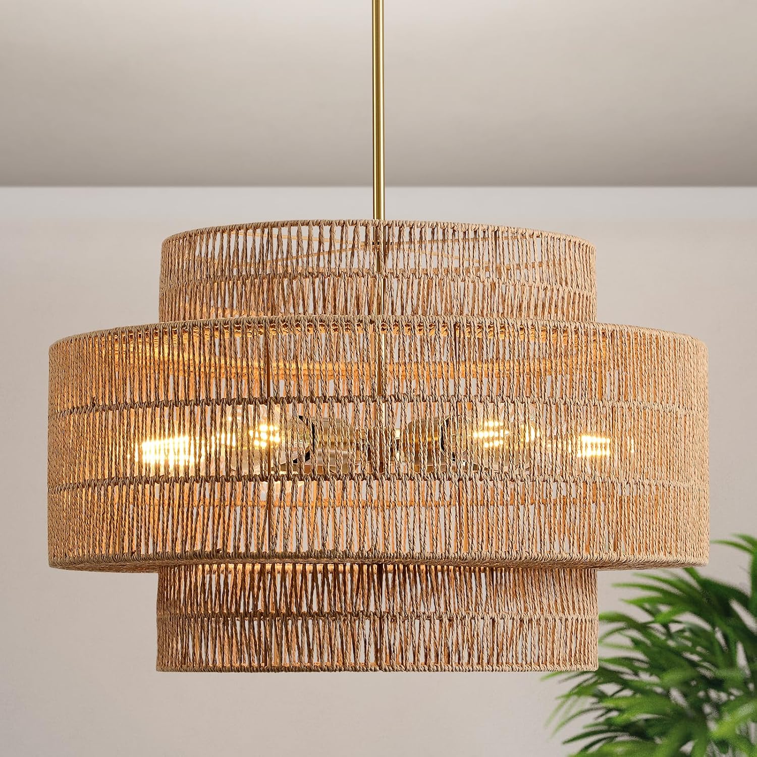 24 Inch Rattan Chandelier for Dining Room, Large Boho Pendant Light