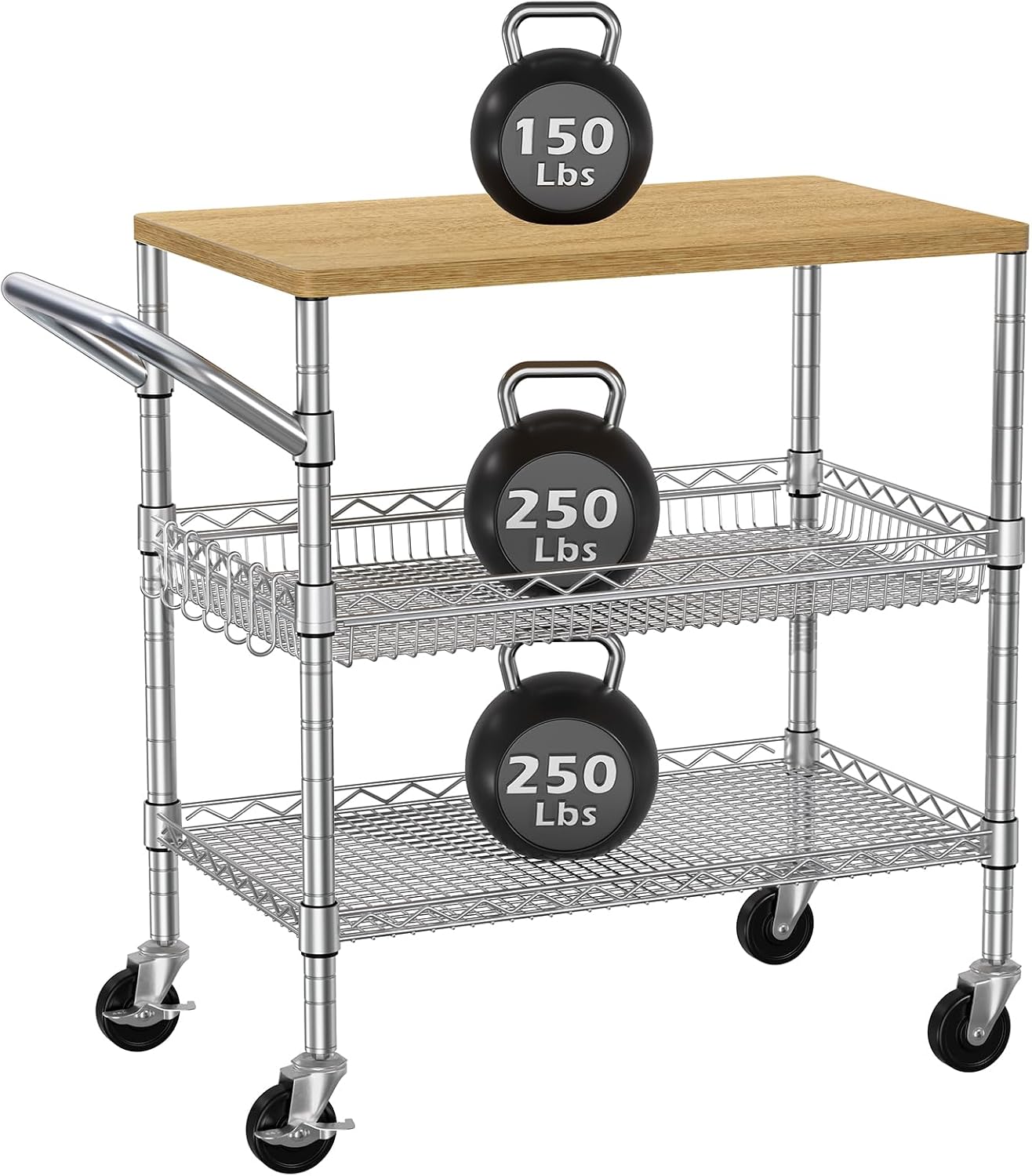 3 Tier Rolling Kitchen Cart on Wheels with Storage, 650 lb Heavy Duty