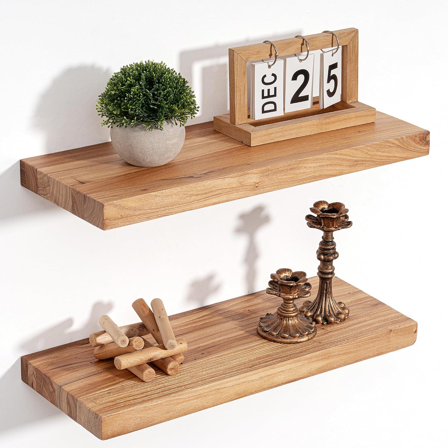 Elm Wood Floating Shelves for Wall, 8 Inch Deep, 20 Inch, Set of 2, Natural
