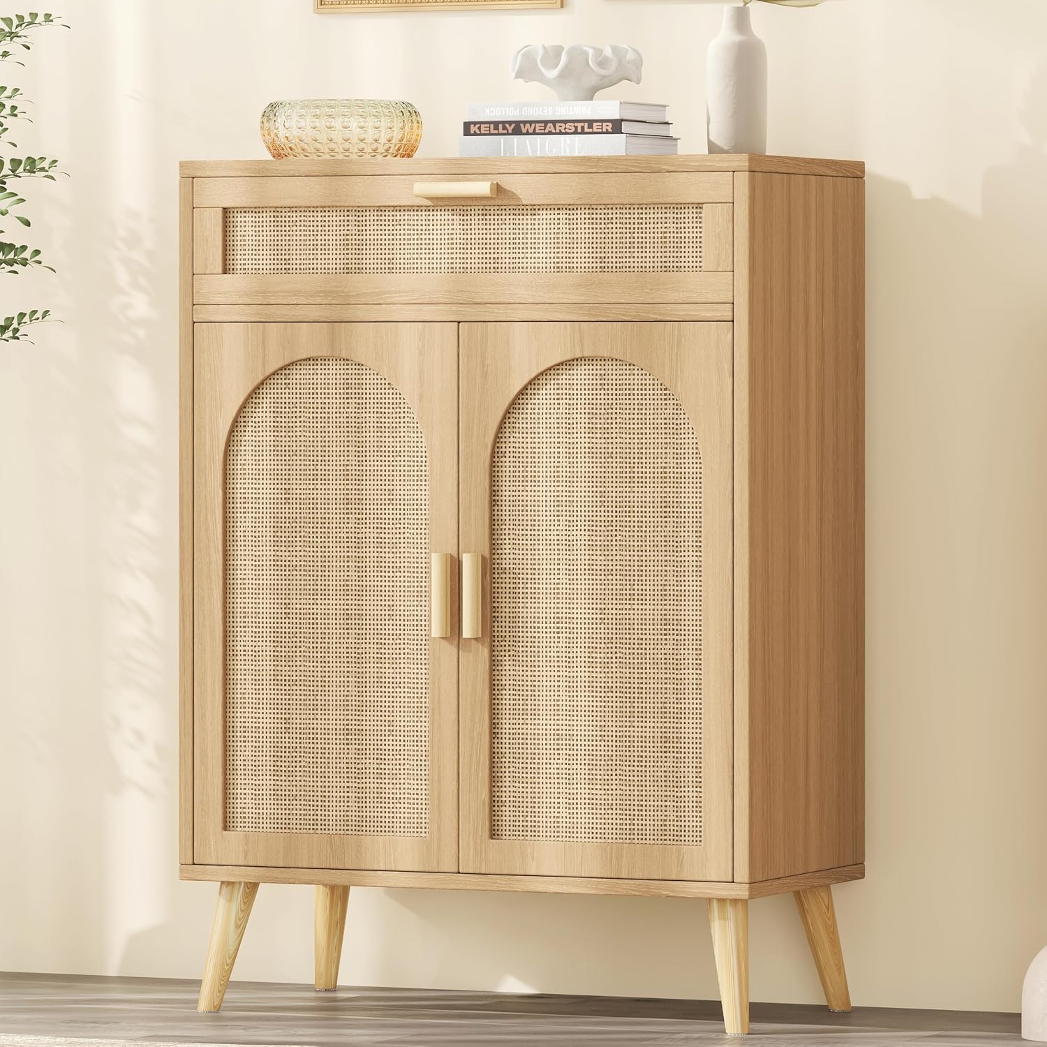Keehusux Rattan Storage Cabinet with Drawer and 2 Doors, Natural Oak