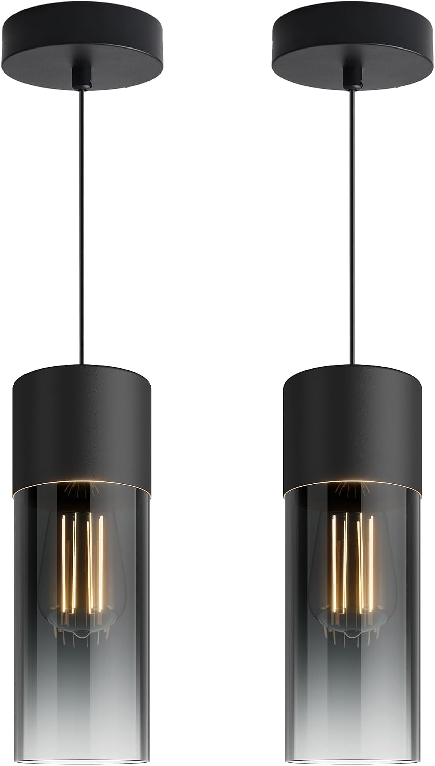 2-Pack Modern Pendant Light Fixtures, Metal Body with Gradient Black Cylindrical Glass Shades