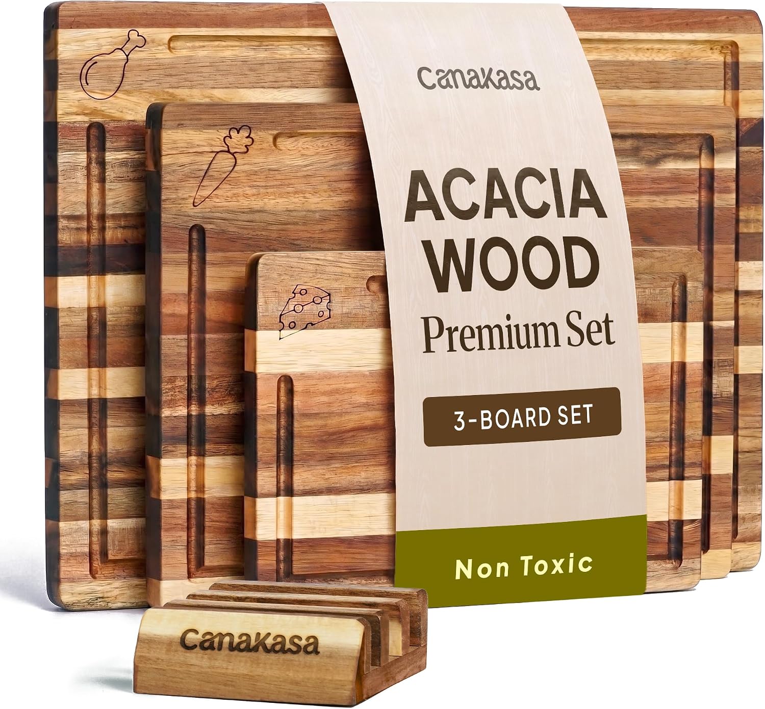 Acacia Wood Cutting Board Set of 3 with Juice Grooves