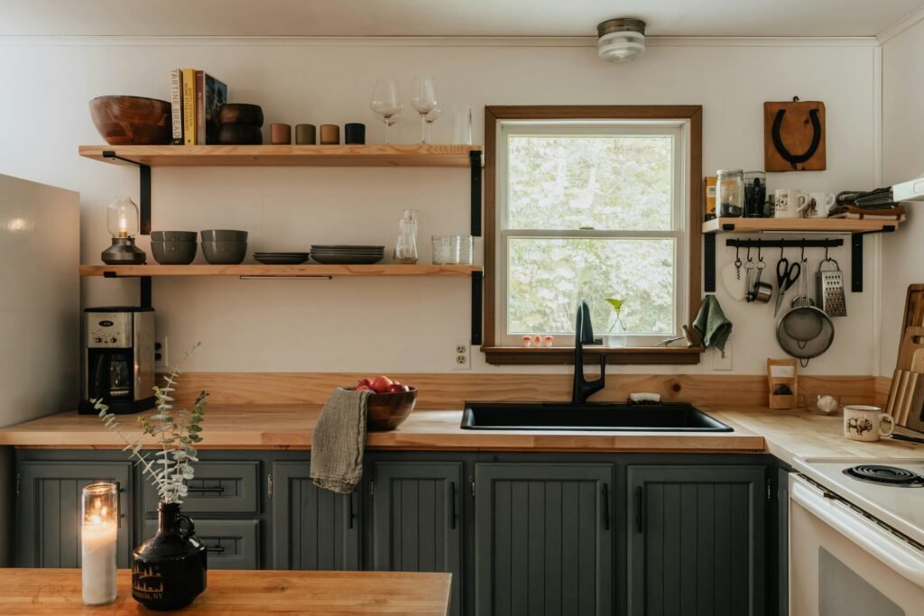 Functional open shelving providing stylish, practical storage