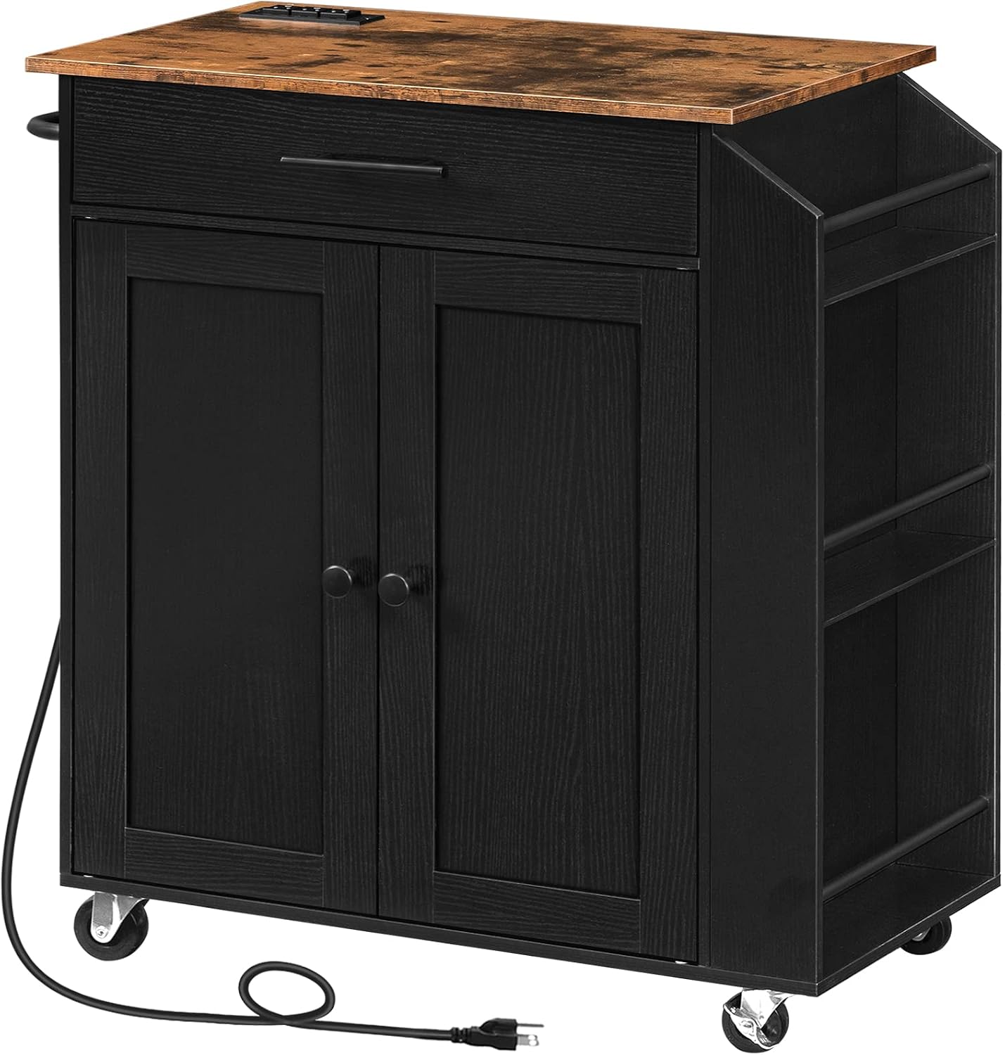 HOOBRO Rolling Kitchen Island with Power Outlet, Spice Rack and Drawer