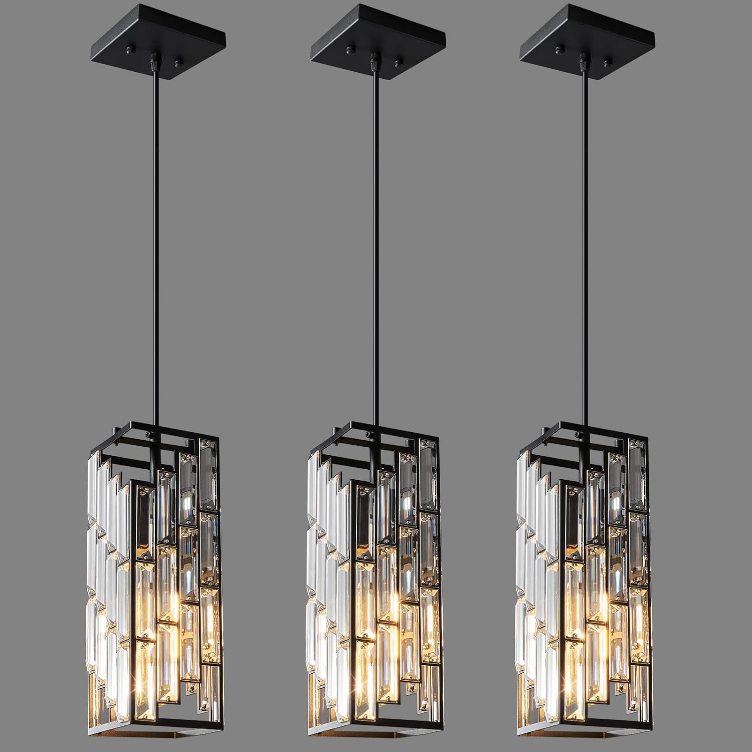 Black Crystal Pendant Lights for Kitchen Island, 3 Pack, Adjustable