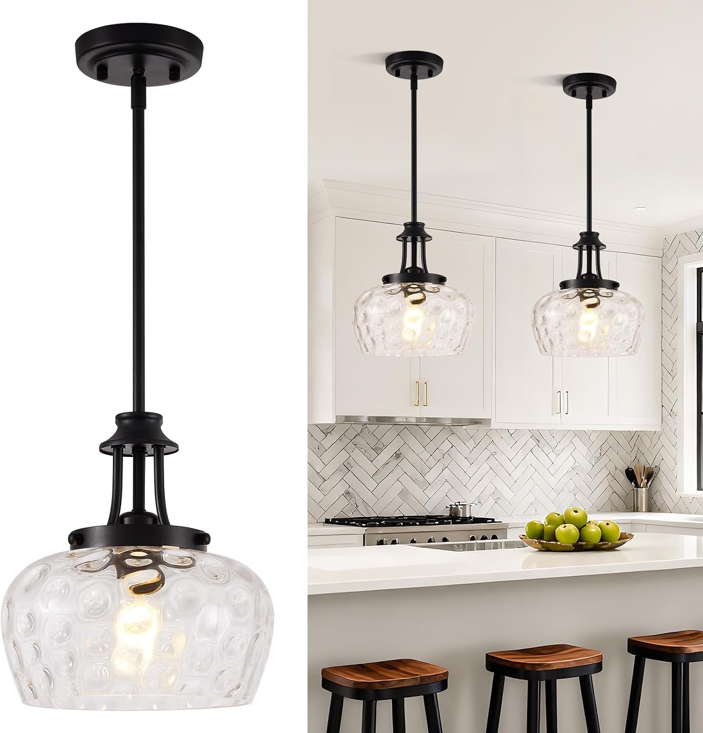 Modern Matte Black Pendant Lights for Kitchen Island, with 10 Inch Clear Hammered Glass
