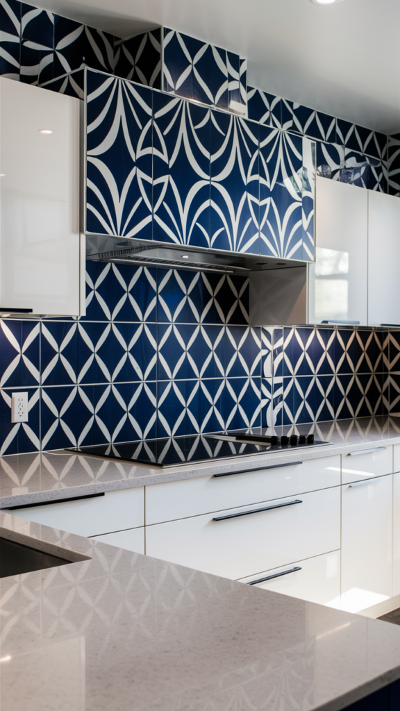 Modern kitchen features a sleek and bold tile backsplash