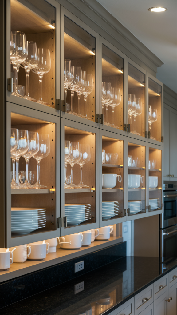 Stylish modern kitchen design featuring glass cabinet doors