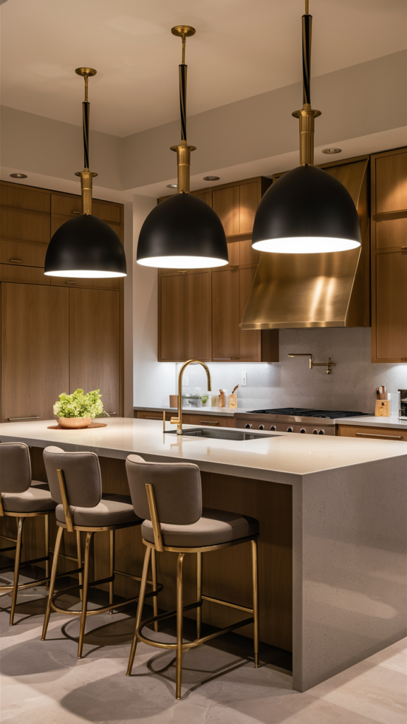 Stunning kitchen design featuring a striking statement light fixture