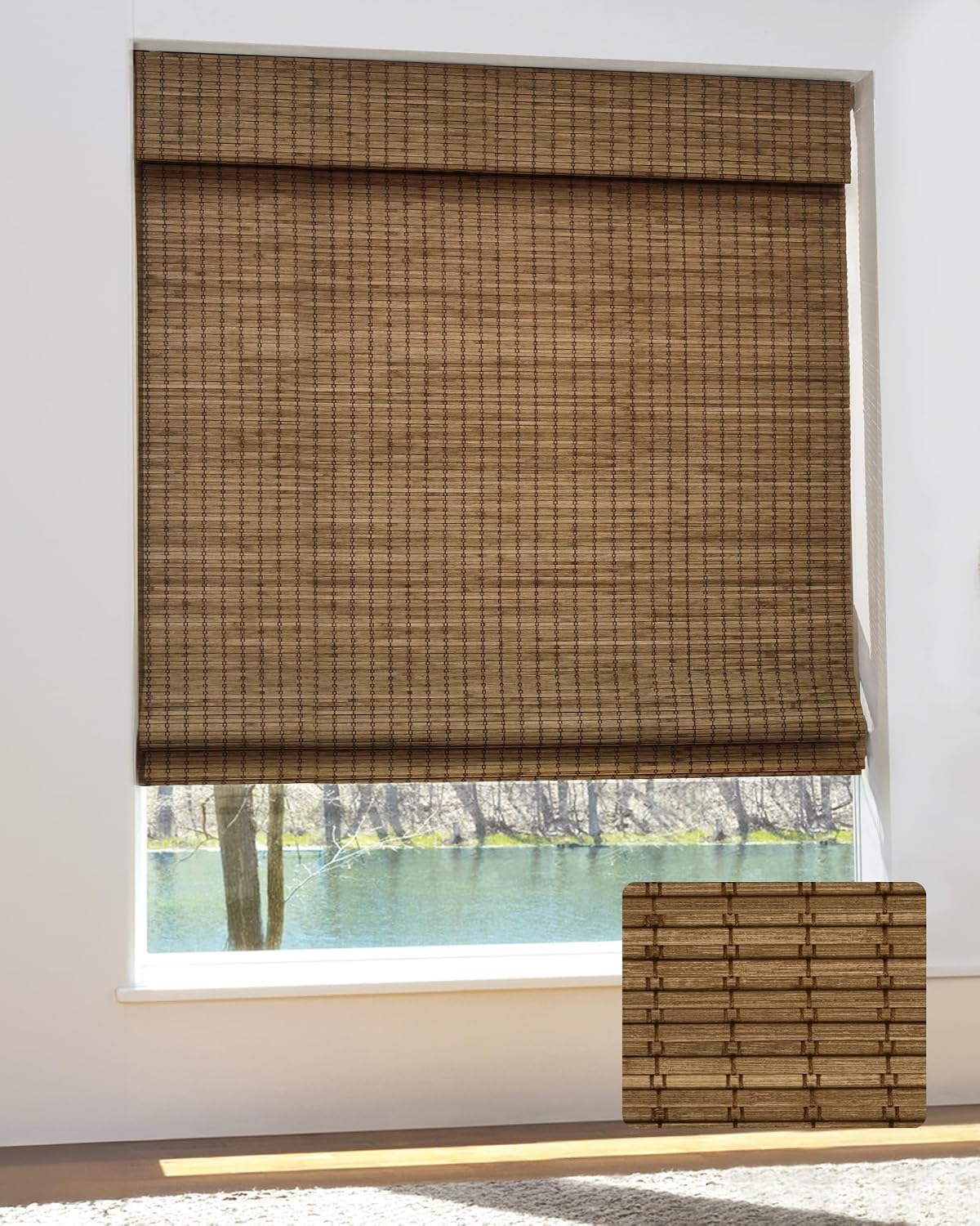 UNISHADES Bamboo Roman Shades with Valance, 22.5 x 48 Inch, Highfield Teak