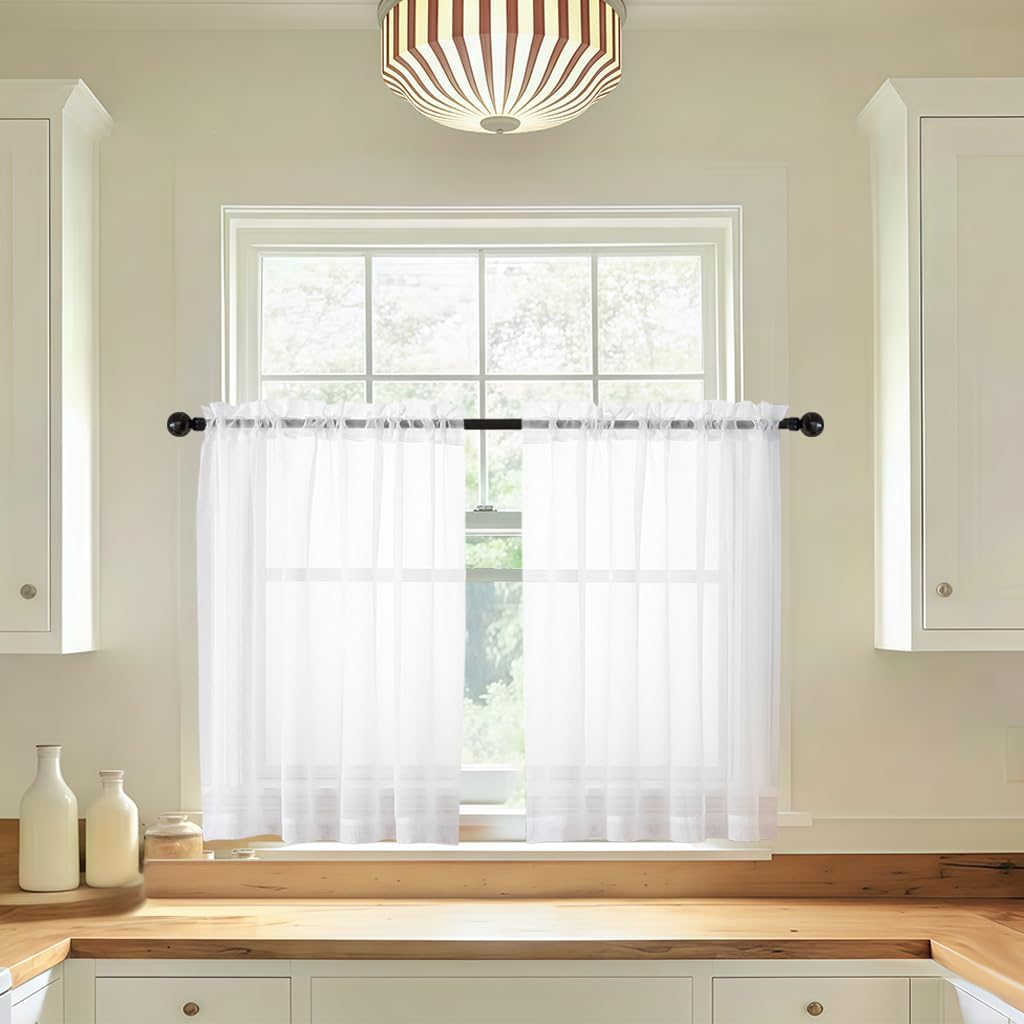 LIVEKID White Sheer Kitchen Curtains, 36 Inch Length, 2 Panels