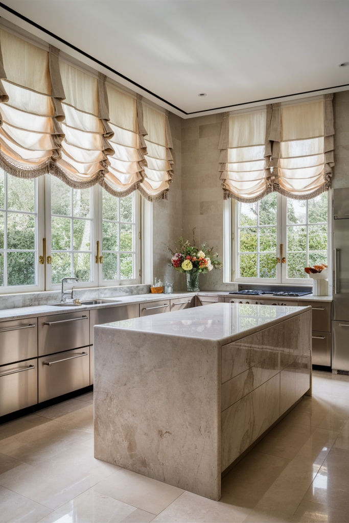 Layered drapes in a stunning luxurious kitchen