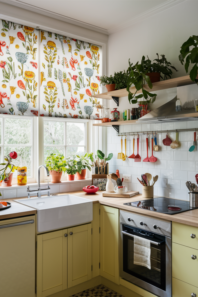 Patterned roller blinds in a vibrant kitchen