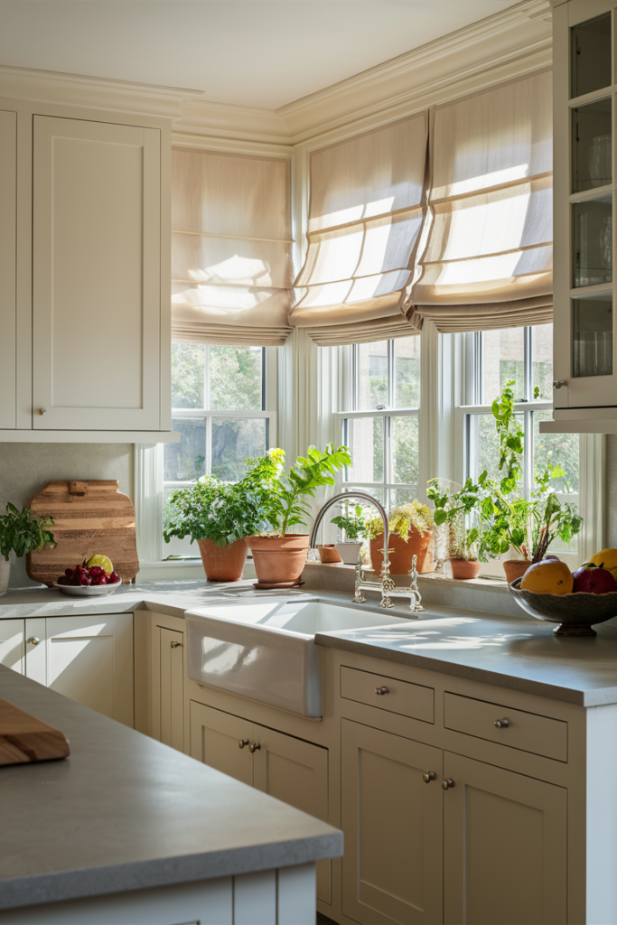 Roman shades in a beautifully lit kitchen window