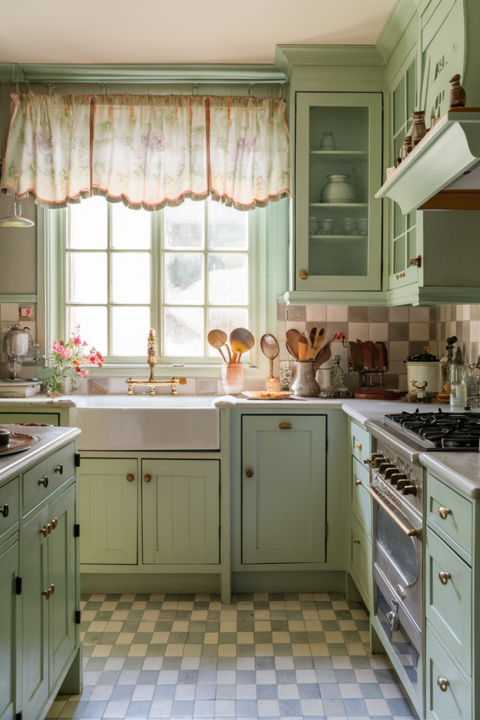 Scalloped valance in a charming, nostalgic kitchen