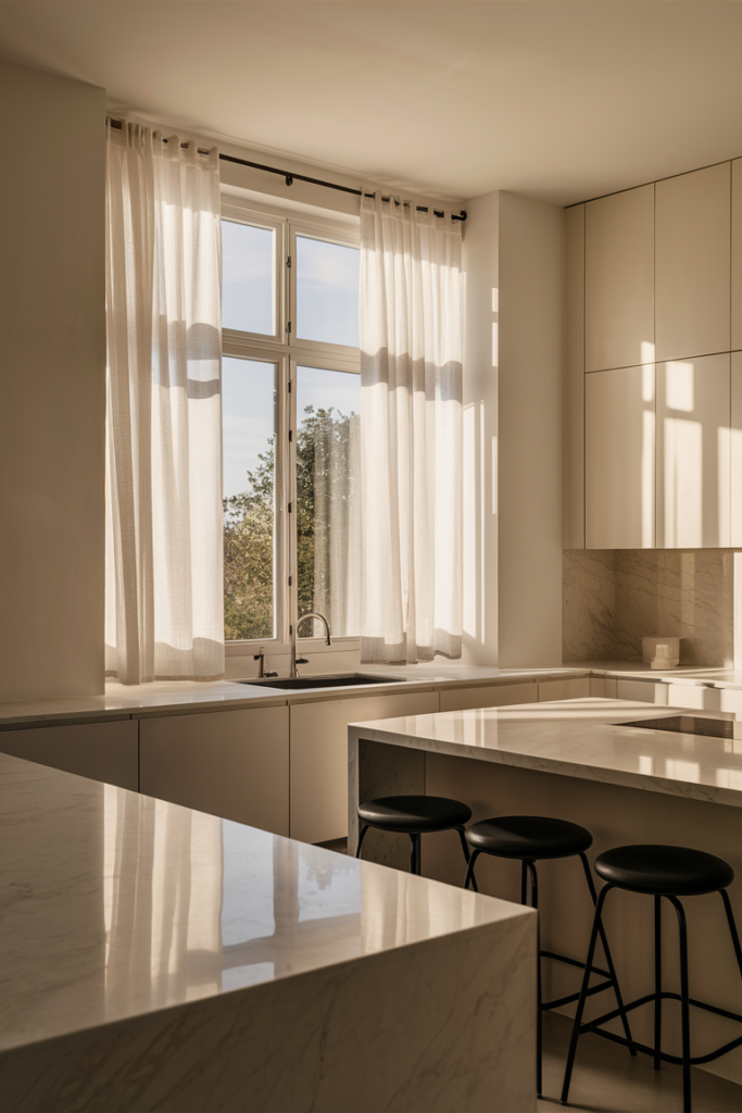 Sheer curtains in a serene minimalist kitchen
