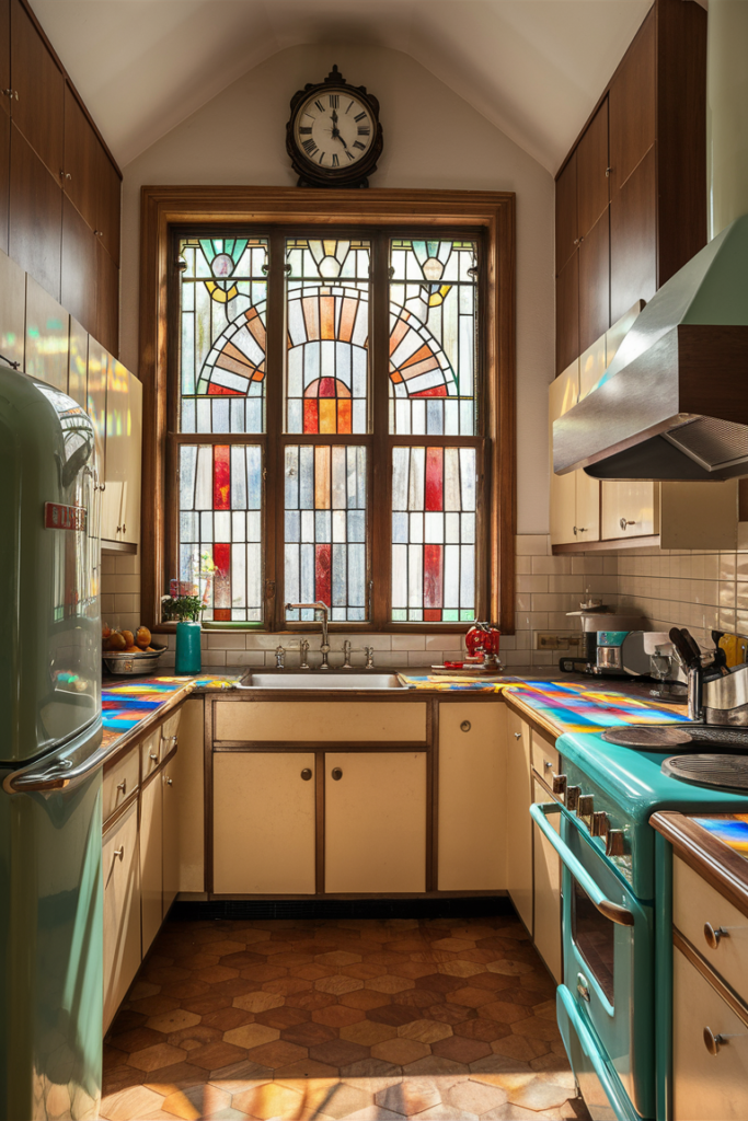 Stained glass window panel in a charming vintage-inspired kitchen