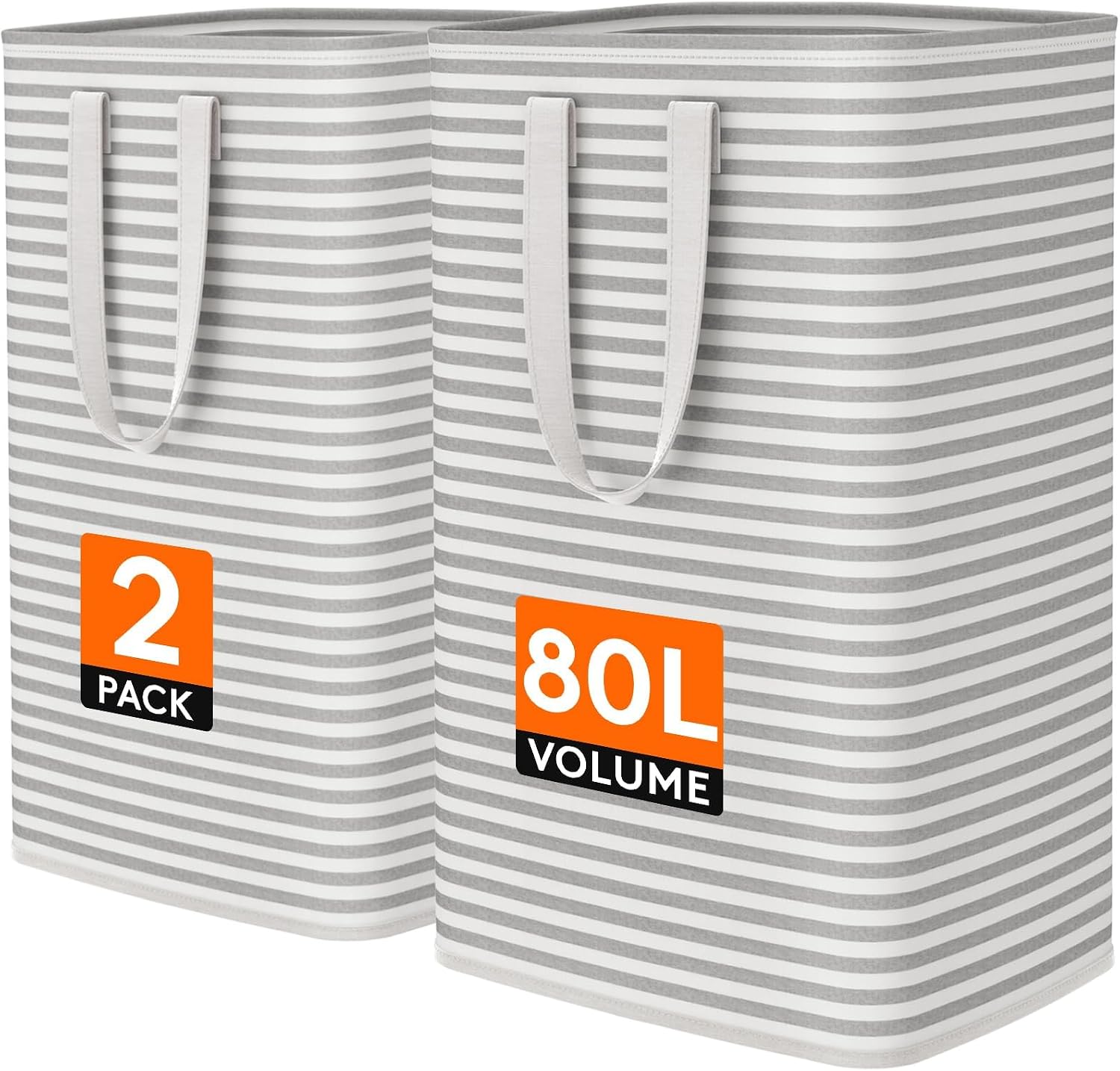Lifewit 80L Large Laundry Baskets, 2 Pack, Grey Striped, with Handles