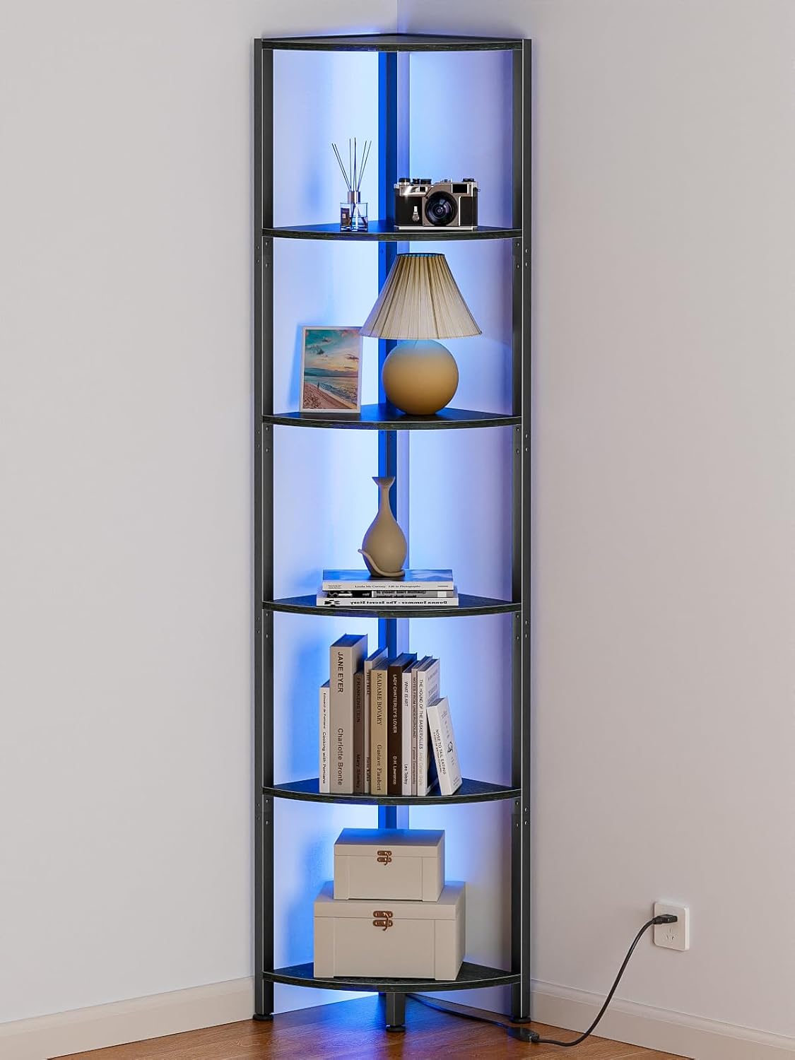 Furnulem 6-Tier Corner Shelf with LED Light, 67.5 Inch, Black Narrow Bookshelf