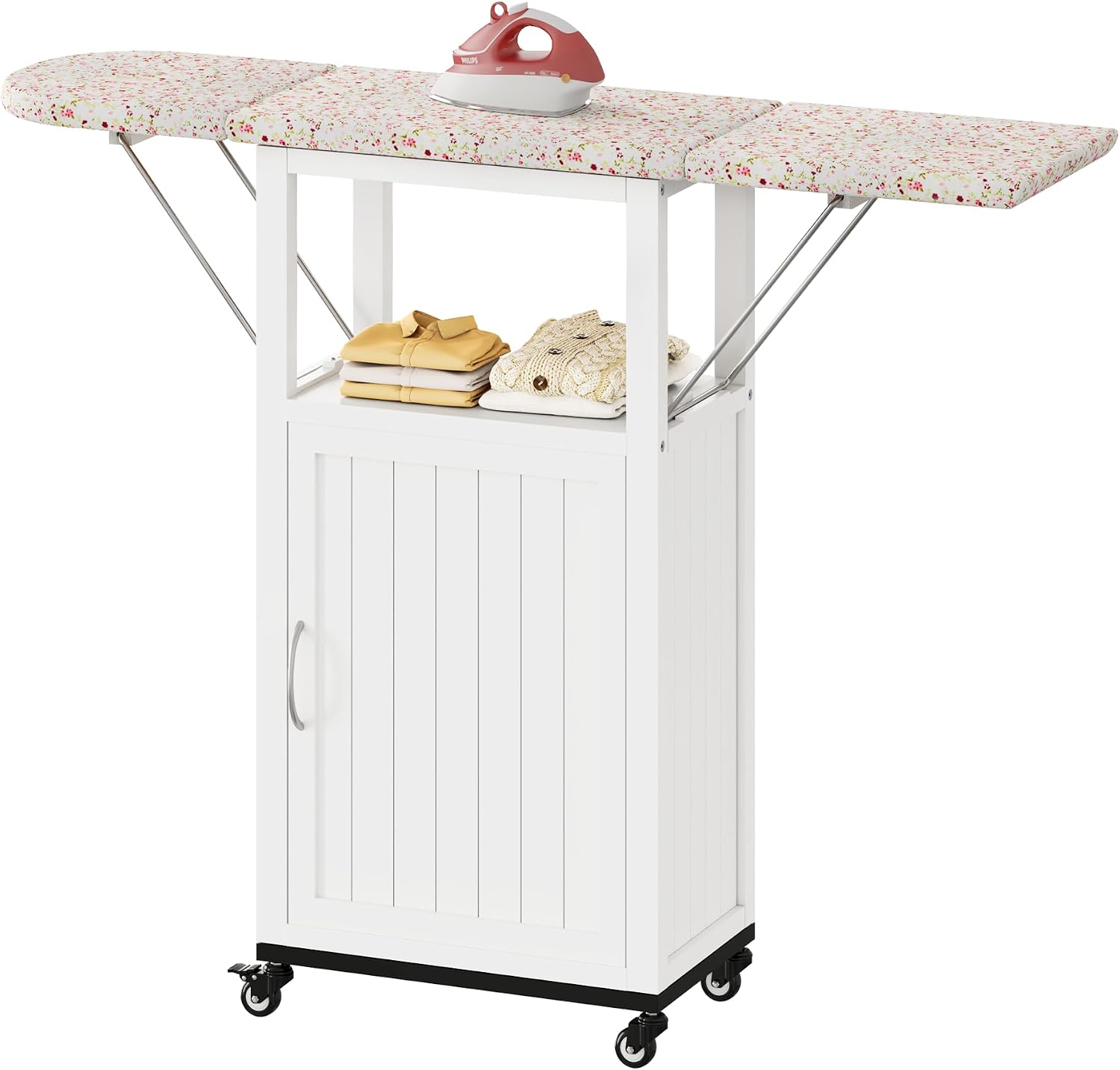Rolling Ironing Board with Storage Cabinet, Folding, White