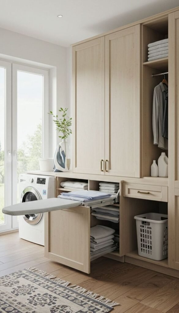 High-efficiency laundry room with pull-out hamper and labeled storage