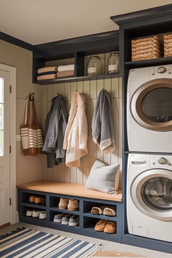 Multi-functional laundry room doubling as a mudroom and storage space