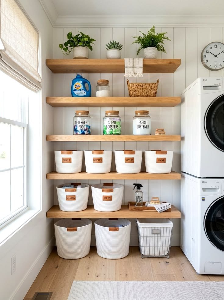 Styled open shelving in a laundry room with matching containers
