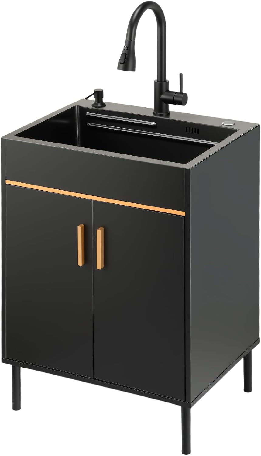 23.6” Stainless Steel Laundry Sink with Cabinet and Pull-Out Faucet