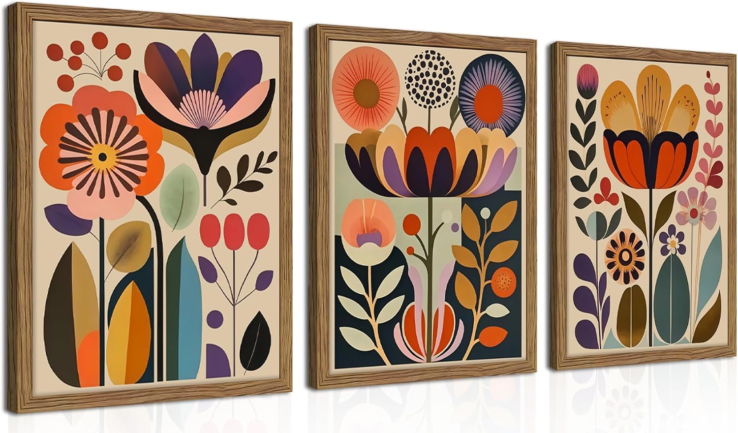 Framed Colorful Floral Wall Art Set of 3, Abstract Scandinavian Flower Canvas