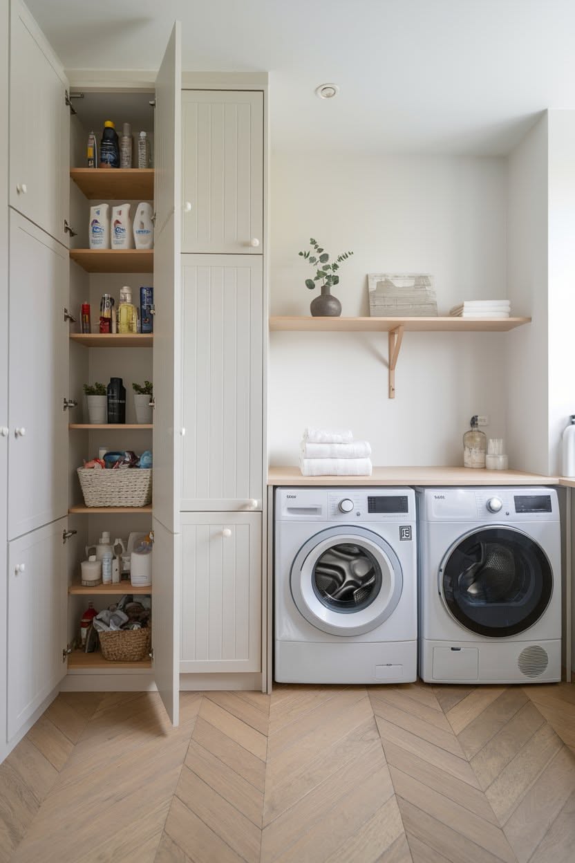 Tall pantry-style cabinet with doors open showing organized laundry supplies beside a washer and dryer