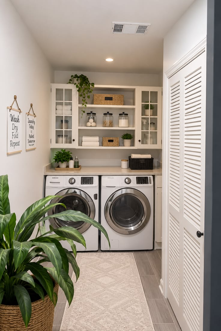 Narrow laundry room with white glass-front cabinets, matching jars and a Wash Dry Fold Repeat sign