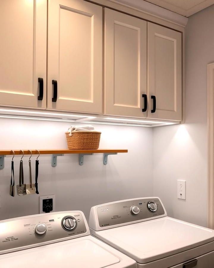 Under-cabinet LED lighting illuminating the counter above a top-load washer and dryer