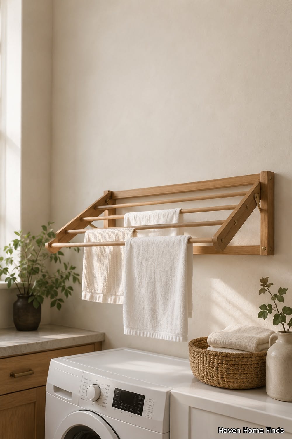 Wall-mounted wood drying rack with towels hanging above a washing machine