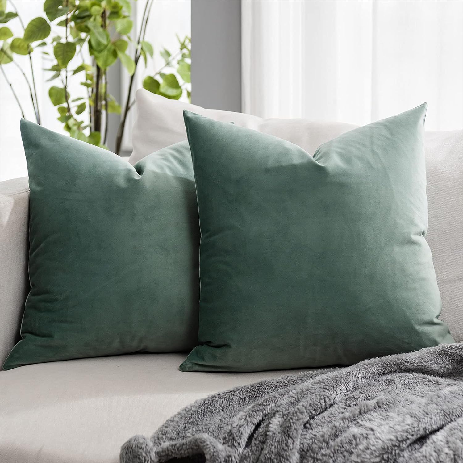 Sage Couch Velvet Throw Pillow Covers 18x18 inch Set of 2 with Zipper Decorative Luxury Soft Solid Square Cushion Covers Case for Sofa Bed Living Room Car