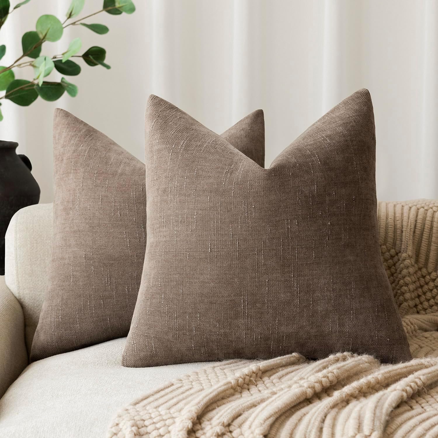 Foindtower Solid Textured Chenille Throw Pillow Covers 18x18 Inch,Taupe