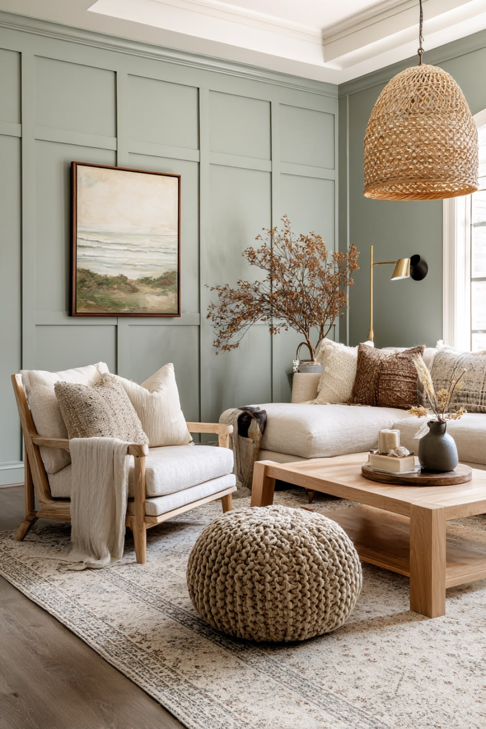 Sage green paneled living room with layered wood, linen and woven textures