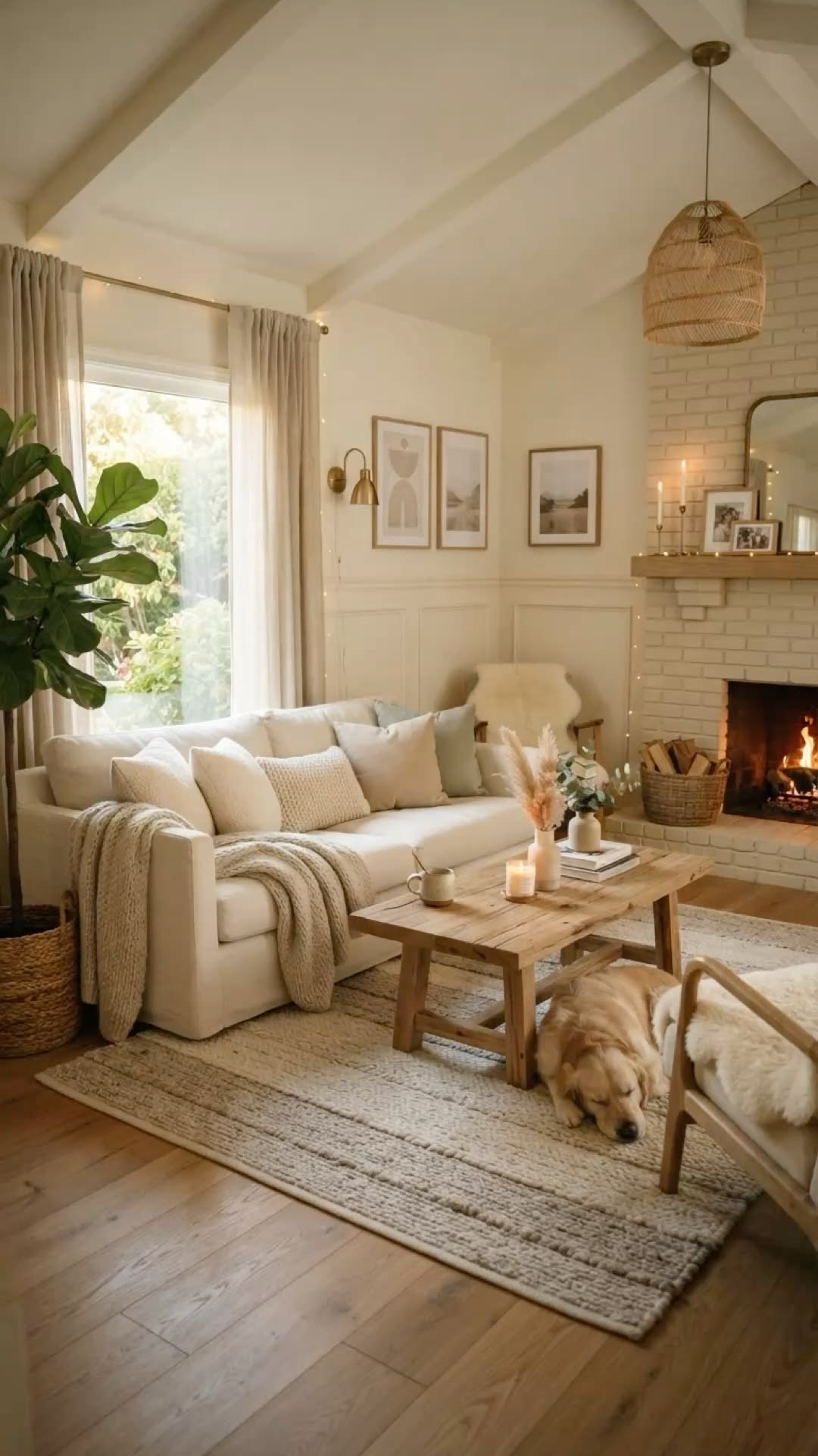 Cozy cream living room with a white brick fireplace and warm beige textiles