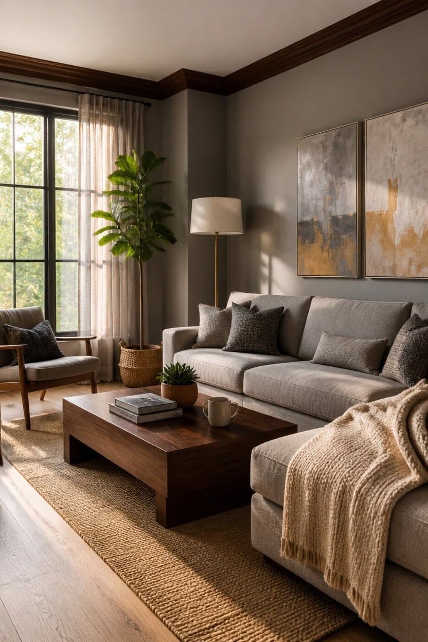 Warm gray living room sofa paired with warm wood furniture
