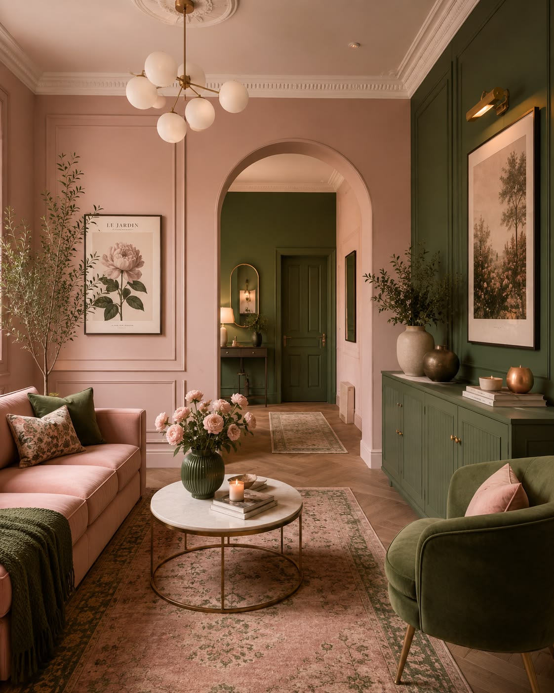 Living room with dusty rose walls beside a deep green paneled room