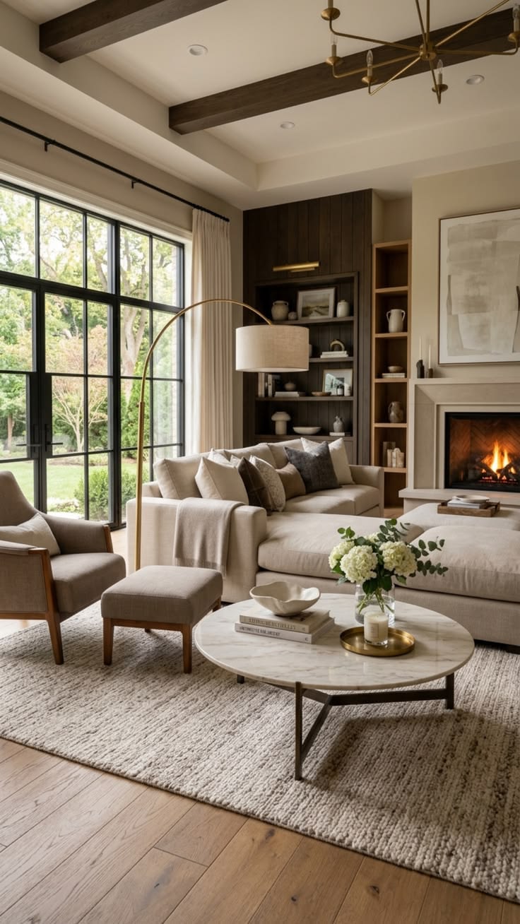 Luxury neutral living room with a lit fireplace, dark wood built-ins and warm white walls