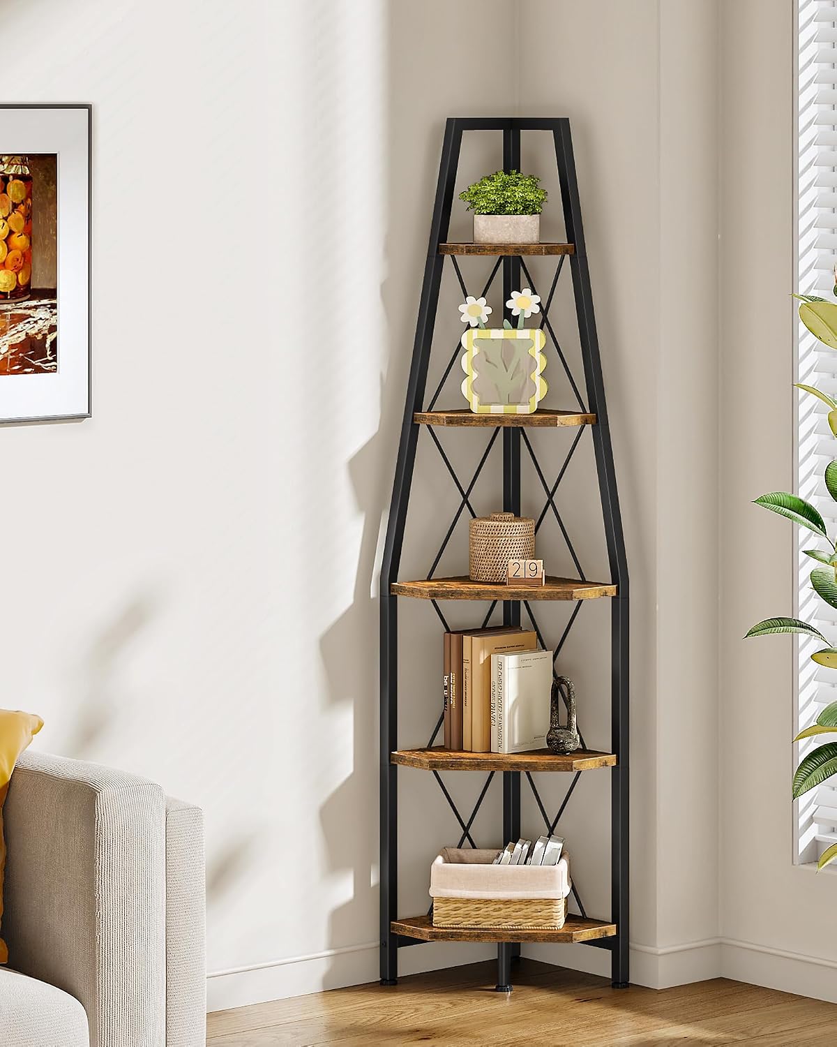 CHOEZON 5-Tier Corner Shelf, Ladder Bookshelf, Floor Standing Storage Rack