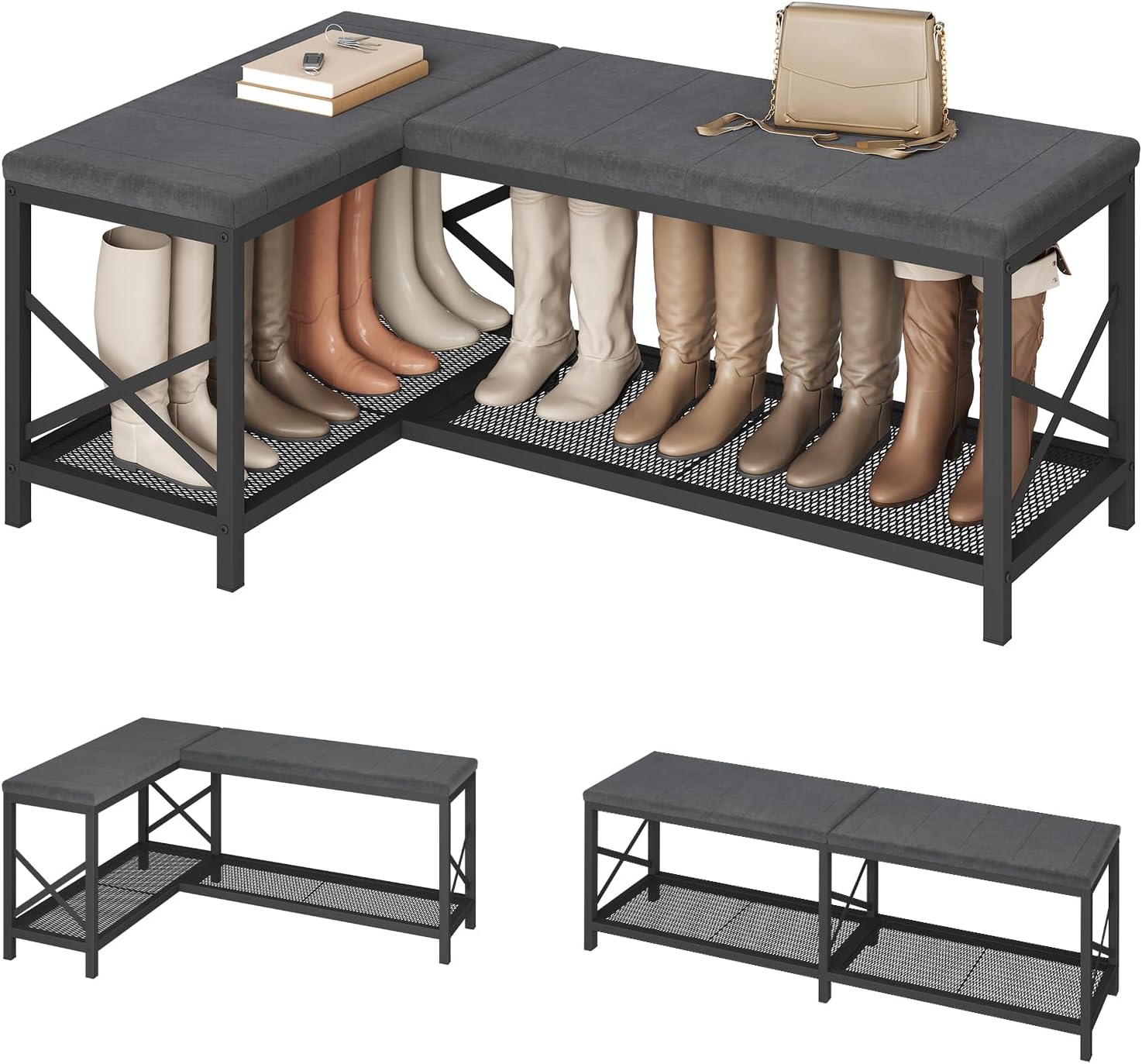 YATINEY Entryway Shoe Bench with Cushion, 59.1 Inch, Grey