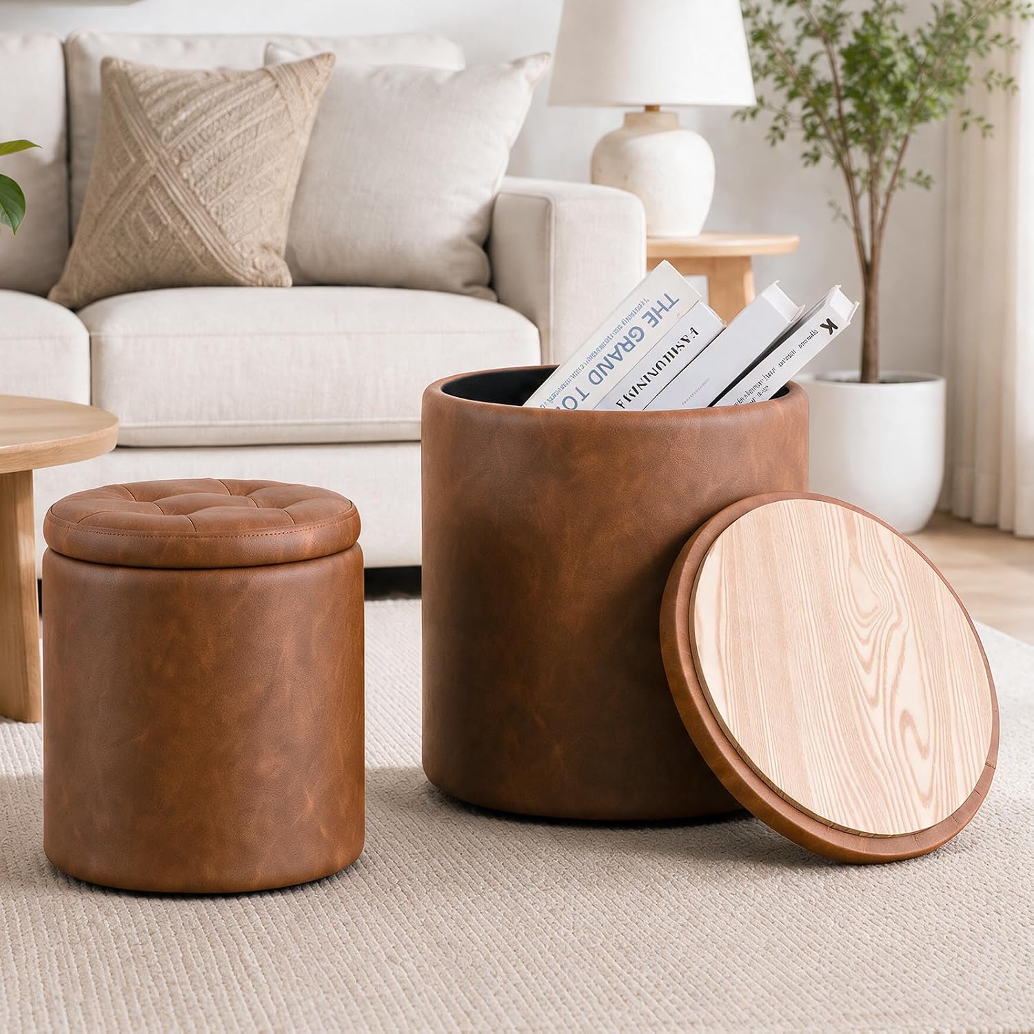 Leather Storage Ottoman, Round Foot Stool with Storage for Living Room
