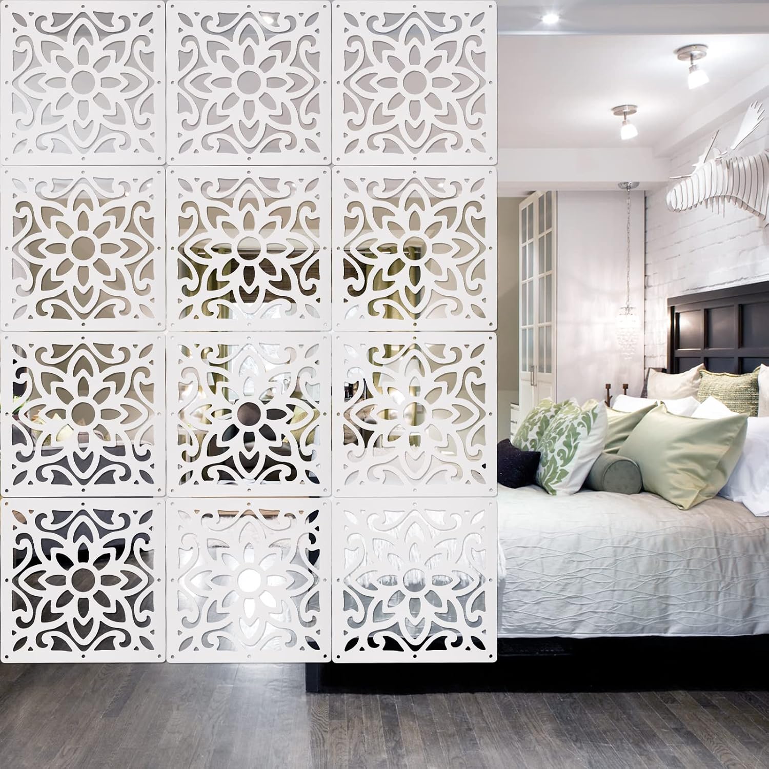 ANMINY Hanging Room Divider Panels, 12 Pcs, White Carved Pattern